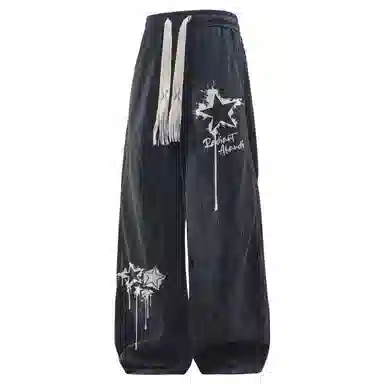 阿凡迪 扎染美式复古手绘星星涂鸦字母系带抽绳裤子高街户外运动裤日常通勤百搭微喇情侣装长裤宽松柔软垂感舒适阔腿潮流休闲裤 男女同款