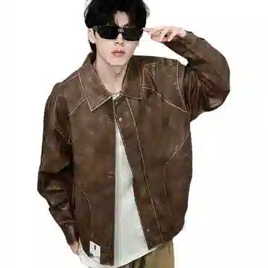 布客行 【复古废土风做旧拉链皮衣】酷飒不羁狂野硬朗摇滚机车叛逆霸气有型水洗质感翻领宽松廓形风格高级感日常夹克 男女同款