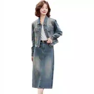 袋鼠 休闲牛仔两件套洋气减龄显瘦外套半身裙裙装套装 女款