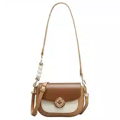 意尔康 通勤百搭时尚休闲 合成革 单肩斜挎包 杏色拼米白拼棕色