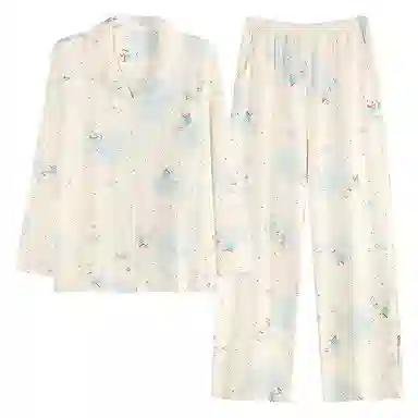 莫代尔 舒适柔软细腻个性翻领开衫纯棉时尚百搭简洁自带胸垫防凸点家居服可外穿睡衣套装 女款