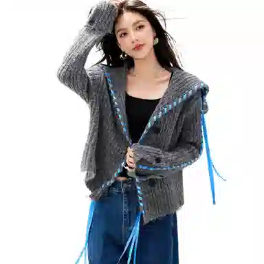 兰缪 慵懒风高级羊毛毛衣飘带装饰舒适柔软大翻领短款外套针织衫 女款