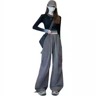 欧迪芬 白灰色春秋美式大口袋抽绳束脚工装裤女士通勤百搭运动阔腿裤宽松休闲冰丝户外登山裤跑步速干运动裤女生舒适时尚显瘦休闲裤 女款