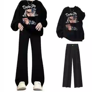 布客行 免搭配一套美式复古卡通字母印花重磅套头落肩袖上衣百搭水洗黑色显高显瘦弯刀微喇巴黎柳叶直筒牛仔长裤子休闲卫衣套装 男女同款