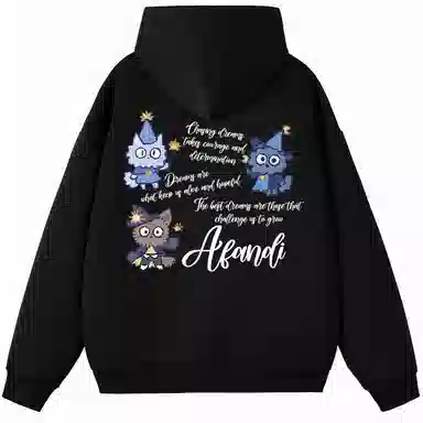 阿凡迪 重磅华棉美式学院风高街潮牌字母前名高级感设计卡通动漫萌趣猫咪背面创意印花潮流简约个性穿搭通勤无性别宽松连帽卫衣 男女同款