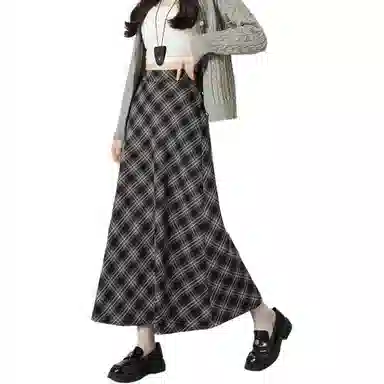 法文箱子 复古格子不规则长款休闲长裙 女款