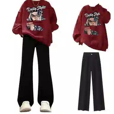 布客行 免搭配一套美式复古卡通字母印花重磅套头落肩袖上衣百搭水洗黑色显高显瘦弯刀微喇巴黎柳叶直筒牛仔长裤子休闲卫衣套装 男女同款