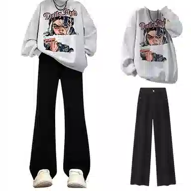 布客行 免搭配一套美式复古卡通字母印花重磅套头落肩袖上衣百搭水洗黑色显高显瘦弯刀微喇巴黎柳叶直筒牛仔长裤子休闲卫衣套装 男女同款