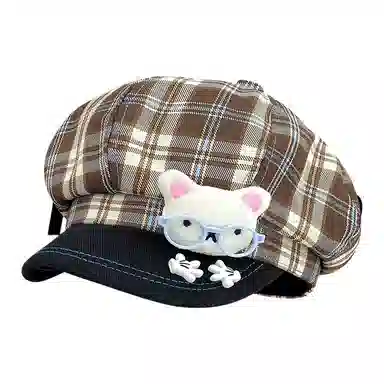 木林森 可爱眼镜小熊格纹八角帽复古百搭显脸 棉 贝雷帽 男女同款情侣款