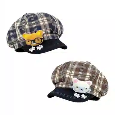 木林森 可爱眼镜小熊格纹八角帽复古百搭显脸 棉 贝雷帽 男女同款情侣款