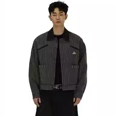 洋气先生 美式复古简约时尚百搭小众高级感潮流痞帅日常通勤运动休闲基础款宽松翻领防风保暖耐磨无性别主义条纹外套夹克 男女同款