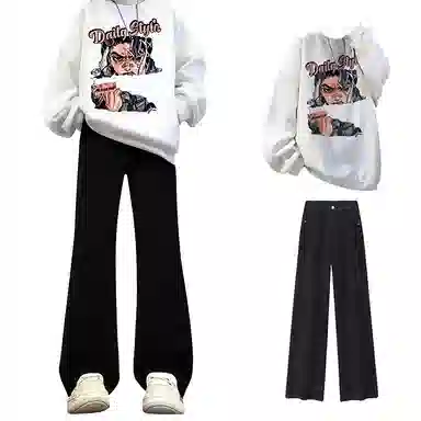 布客行 免搭配一套美式复古卡通字母印花重磅套头落肩袖上衣百搭水洗黑色显高显瘦弯刀微喇巴黎柳叶直筒牛仔长裤子休闲卫衣套装 男女同款