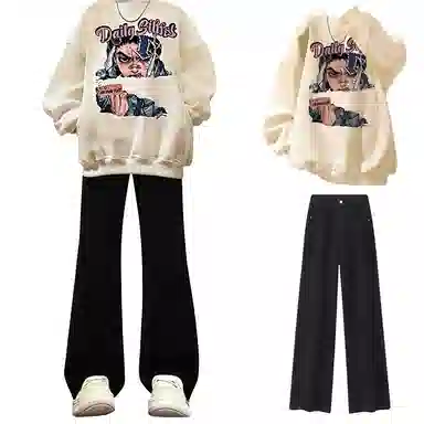 布客行 免搭配一套美式复古卡通字母印花重磅套头落肩袖上衣百搭水洗黑色显高显瘦弯刀微喇巴黎柳叶直筒牛仔长裤子休闲卫衣套装 男女同款