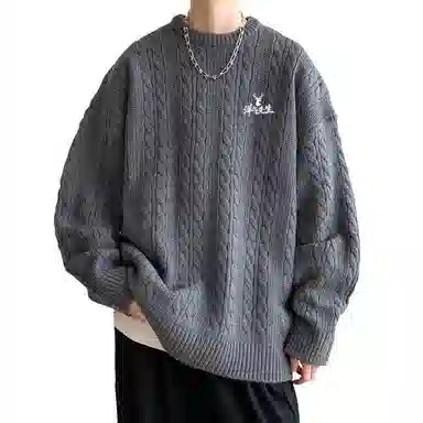 洋气先生 美式高街潮牌洋气纯色软糯宽松舒适保暖麻花纹理设计圆领上衣无性别主义简约大方日常通勤潮流甜美休闲时尚百搭针织衫 男女同款