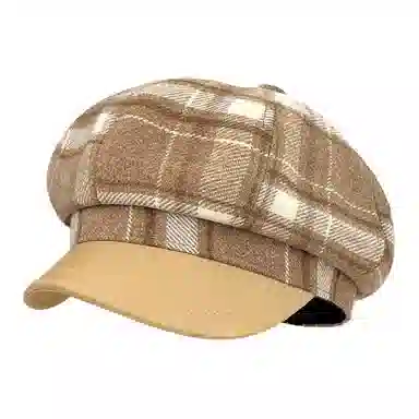 木林森 复古格纹拼接皮檐八角帽女秋冬百搭氛围感英伦风画家帽 涤纶 贝雷帽 男女同款情侣款