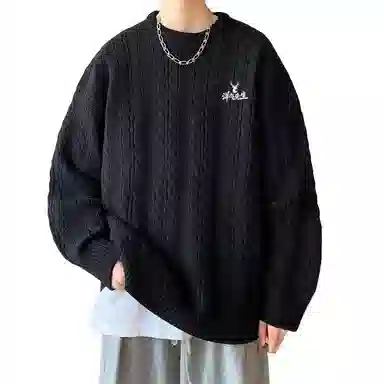 洋气先生 美式高街潮牌洋气纯色软糯宽松舒适保暖麻花纹理设计圆领上衣无性别主义简约大方日常通勤潮流甜美休闲时尚百搭针织衫 男女同款