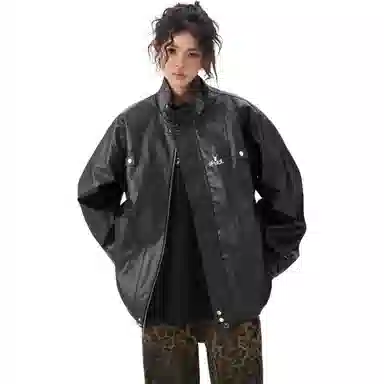 洋气先生 美式复古简约纯色时尚百搭小众高级感潮流痞帅日常通勤运动休闲基础款宽松立领防风保暖耐磨无性别主义拼接外套皮夹克 男女同款