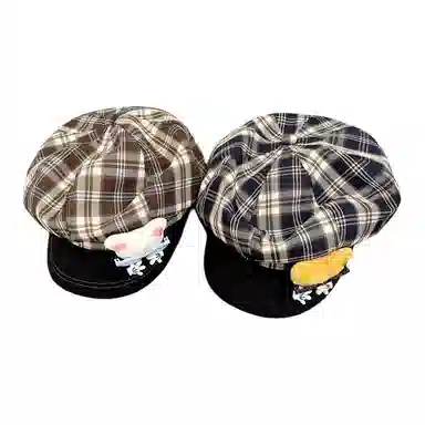 木林森 可爱眼镜小熊格纹八角帽复古百搭显脸 棉 贝雷帽 男女同款情侣款