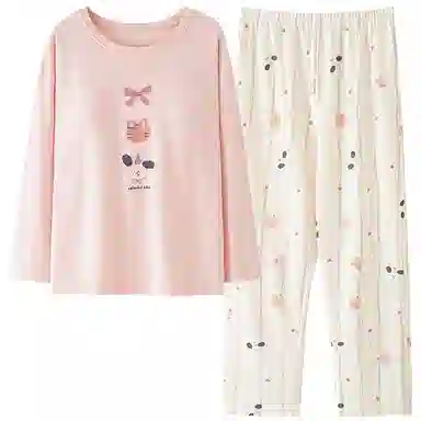 莫代尔 纯棉轻柔亲肤透气圆领套头舒适个性时尚百搭自带胸垫防凸点家居服可外穿睡衣套装 女款