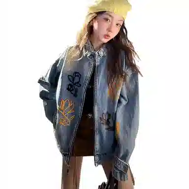 虫小绿 式潮牌重磅花卉刺绣立领夹克春秋季高街痞帅复古水洗做旧高级感宽松休闲拉链开衫牛仔外套 男女同款