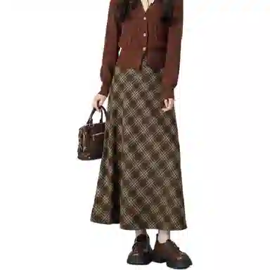法文箱子 复古格子不规则长款休闲长裙 女款