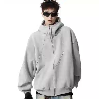 虫小绿 美式解构设计感拼接高街潮牌休闲长袖上衣复古运动百搭开衫宽松加厚保暖情侣款连帽卫衣 男女同款