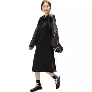 【dme】 云感棉混纺冬季慵懒都市连帽落肩拼接设计感宽松卫衣式休闲皮质袖子时尚简约舒适显瘦长袖连衣裙 女款