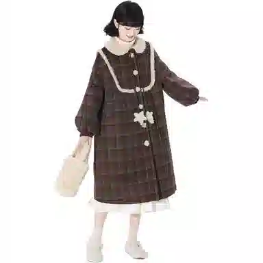 邓大喵 格子毛呢女冬季夹棉加厚中长款星星装饰灯笼袖呢外套战袍秋冬穿搭大衣 女款