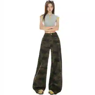 淑好百 迷彩阔腿春夏高腰牛仔裤 女款