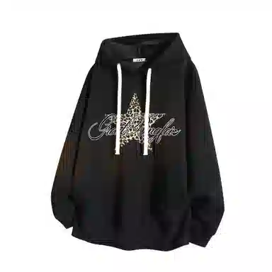 冰飞 美式时尚小众设计感百搭连帽慵懒风豹纹星星印花御寒保暖加绒加厚套头重磅上衣卫衣 男女同款
