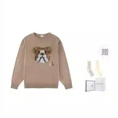 斗牛犬刺绣图案休闲圆领套头针织宽松毛衣 男女同款 棕色 情侣款