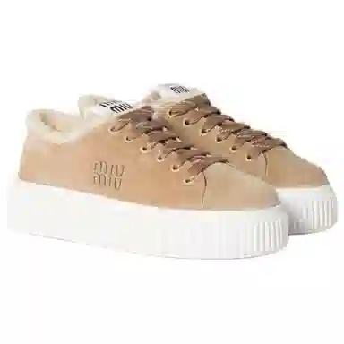 Miu Miu Round Toe Low Top Sneakers Light Brown