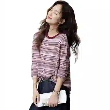 【dme】 含绵羊毛冬季复古圆领撞色条纹提花线衫宽松藏肉女上衣休闲舒适简约时尚百搭修身轻便透气针织衫 女款