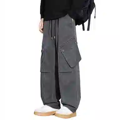 顶峰保罗 山系机能户外登山骑行攀岩褶皱工装伞兵裤无性别主义潮牌宽松直筒阔腿裤高街痞帅百搭弹力抽绳显高显瘦拖地垂感休闲裤 男女同款