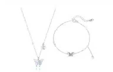 【S999纯银】 牧言 闪耀梦蝶系列 温柔气质轻奢小众浪漫高级感 蓝色水滴璀璨招财蝴蝶流苏甜美设计项链套装 日常约会 足银 手链 女款