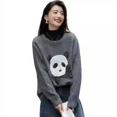【dme】 含绵羊毛冬季萌趣撞色动物提花线衫圆领罗纹宽松女上衣可爱熊猫图案设计长袖毛衣亮片装饰休闲风格针织衫 女款