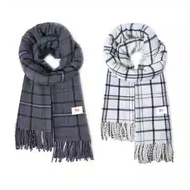 浪莎 经典黑白灰格纹双面高级百搭保暖流苏 礼盒装 聚酯纤维 绒线围巾 男女同款情侣款