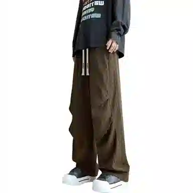 蓝精灵 美式高街潮户外速干伞兵裤简约纯色侧边褶皱肌理感潮牌通勤百搭中腰抽绳弯刀直筒宽松休闲裤 男女同款