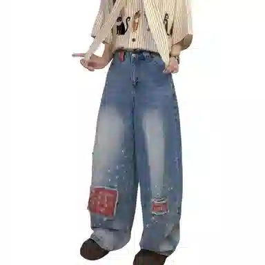 洋气先生 美式高街复古水洗做旧磨白磨破格子贴布小众设计感时尚潮流帅气百搭休闲阔腿垂感中腰直筒显高显瘦氛围感牛仔裤 男女同款