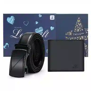 稻草人 简约设计商务腰带钱夹百搭皮带套装 牛皮 钱包 常规 男款 黑色