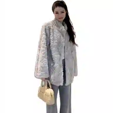 邓大喵 皮毛一体立领环保毛毛外套女冬加厚气质高级感中长款大衣宽松秋冬穿搭皮草 女款