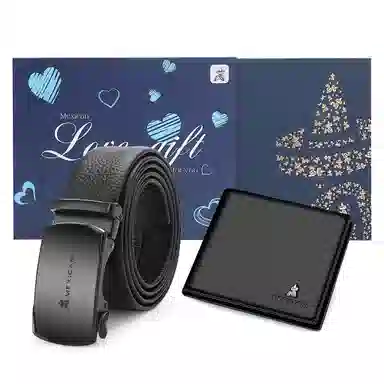 稻草人 简约设计商务腰带钱夹百搭皮带套装 牛皮 钱包 常规 男款 黑色