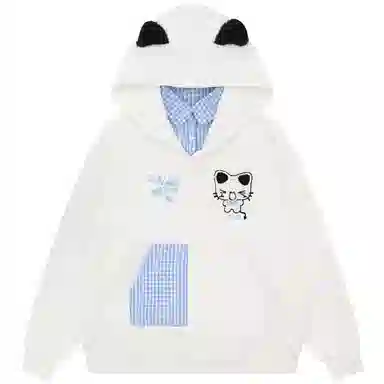 兰缪 华棉复合牛奶丝甜美慵懒风假两件学院风美式卡通密斯刺绣连帽卫衣 女款