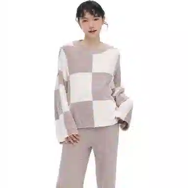 从轻 拼色长袖两件套家居服套装 女款