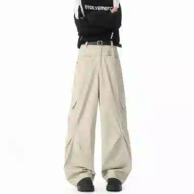 欧迪芬 嘻哈街头工装铆钉多功能口袋裤腿褶皱拼接水洗纽扣个性简约时尚舒适宽松直筒百搭日常通勤多垂坠感休闲裤 男女同款