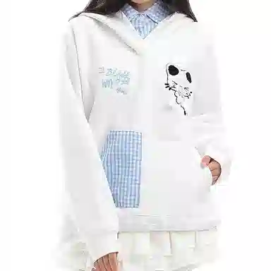兰缪 华棉复合牛奶丝甜美慵懒风假两件学院风美式卡通密斯刺绣连帽卫衣 女款