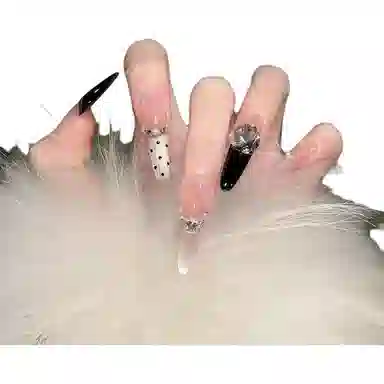 柚予颜 手工穿戴甲秋冬气质高级波点千金猫眼法式甜酷显白美甲  杏仁黑色跳色 纯欲