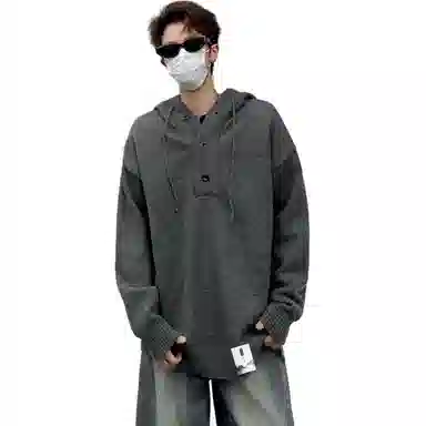 布客行 【复古套头连帽毛线衣】美式老钱风宽松休闲纯色设计无性别主义舒适软糯纽扣装饰潮流百搭慵懒感长袖针织衫 男女同款