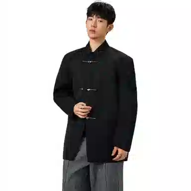 洋气先生 新中式简约纯色商务休闲时尚百搭小众高级感潮流帅气中山装国潮刺绣宽松落肩长袖金属搭扣轻奢无性别主义外套西装 男女同款