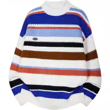 大卫贝肯 美式复古拼色条纹设计打底长袖上衣高级感潮流运动休闲百搭慵懒感学院风圆领毛衣 男女同款